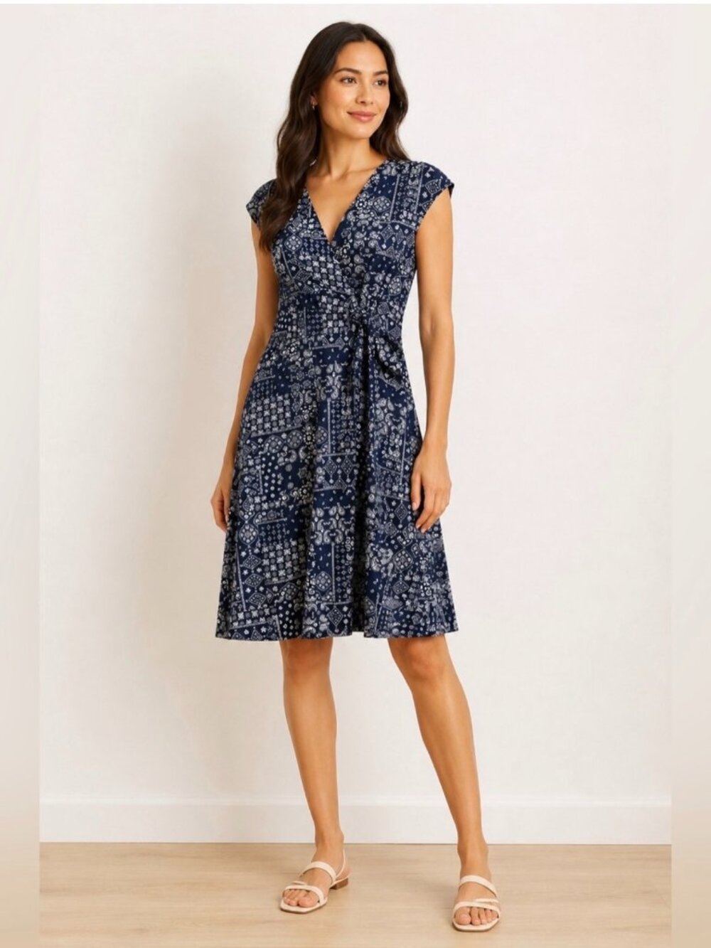 Lands' End Navy Blue Patchwork Print Twist/Knot Dress Size M (10-12) Stretch